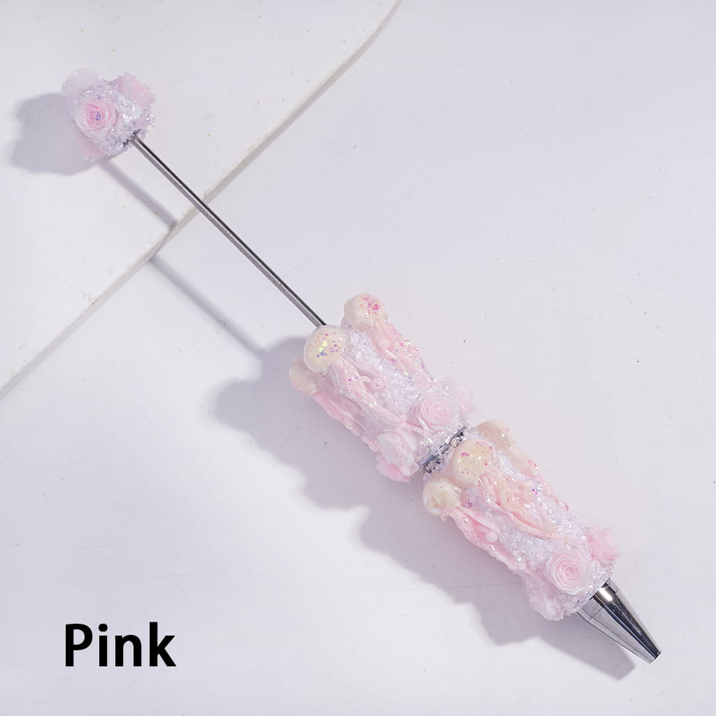 Sugar Clay Beadable Pens Fully Covered with Jellyfish Design, Broken Rhinestones & Rose Flowers, Multi-Color