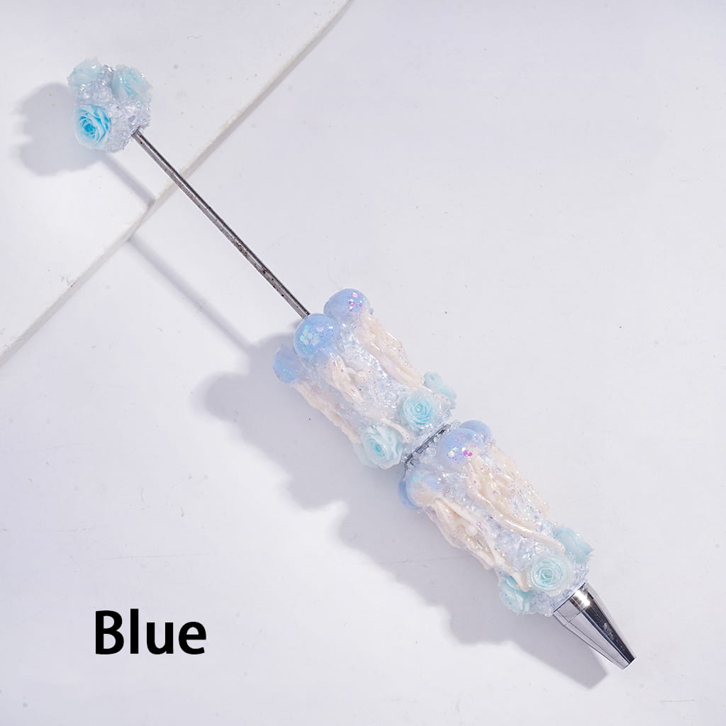 Sugar Clay Beadable Pens Fully Covered with Jellyfish Design, Broken Rhinestones & Rose Flowers, Multi-Color