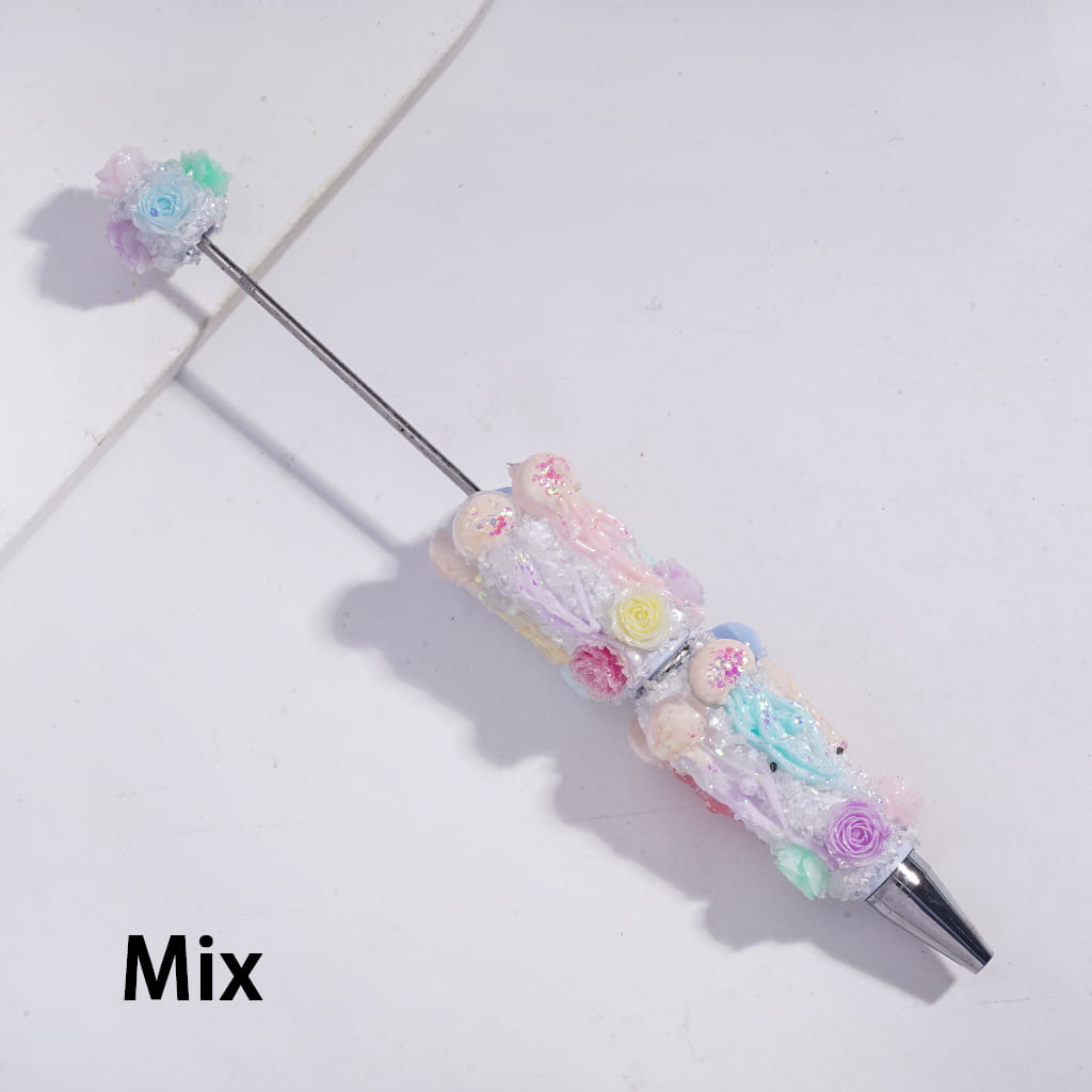 Sugar Clay Beadable Pens Fully Covered with Jellyfish Design, Broken Rhinestones & Rose Flowers, Multi-Color