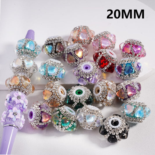 Colorful Shiny Hearts Design with Colorful Rhinestones and Pearls Round Acrylic Beads 20mm Random Mix