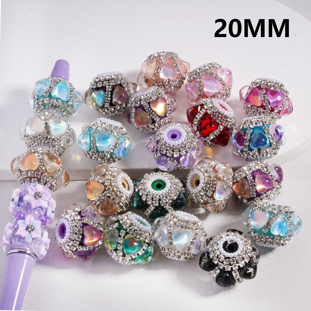 Colorful beaded jewelry with a purple pen on a white background, labeled '20MM'.

