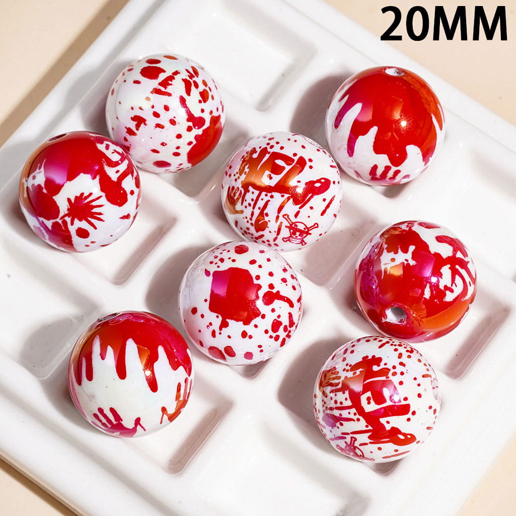 UV Coating Acrylic Beads for Bracelets with Bloody Red Spots Print, Horror Series, 20MM