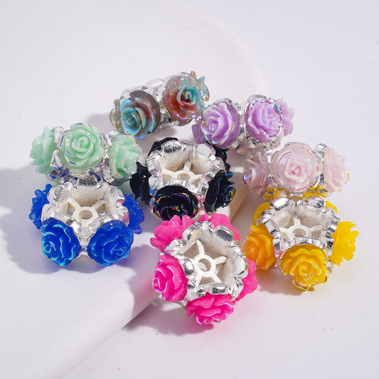 UV Coated Glossy Floral Design Rose Flower Alloy Beads in Assorted Colors, 19MM Random Mix