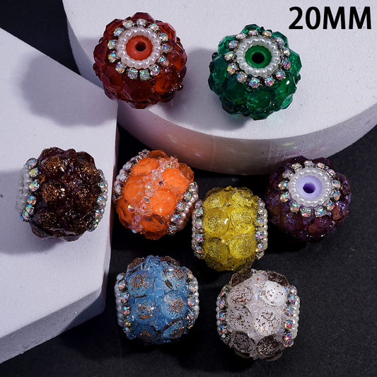 Sparkling Handmade Multi-Color Round Acrylic Beads with Full Rhinestone Cover, AB Rhinestones & White Pearl Chains, 20MM