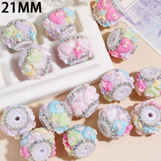 Handmade Star Heart w Mini Bowtie, UV Coated  Acrylic Beads Half-Shell Pearl, AB Rhinestone & White Pearl Chains, 21MM Macaron Colors Random Mix