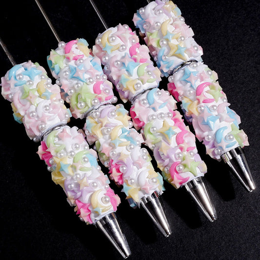 Cute Candy Color Dreamy Crescent Moon & Star Beadable Clay Pen with White Pearl