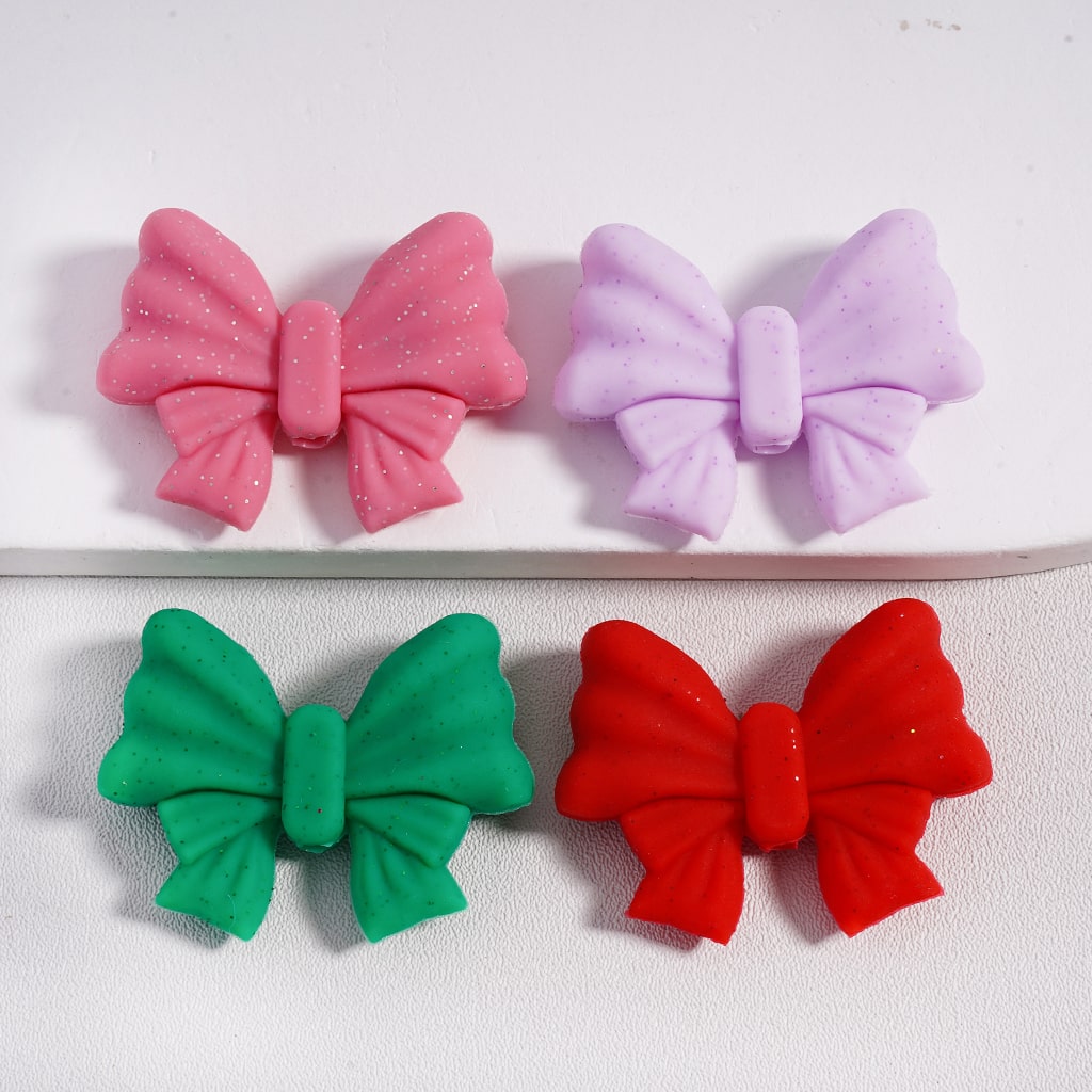 Little Cute Glitter Bowknot Solid Color Silicone Focal Beads Random Mix