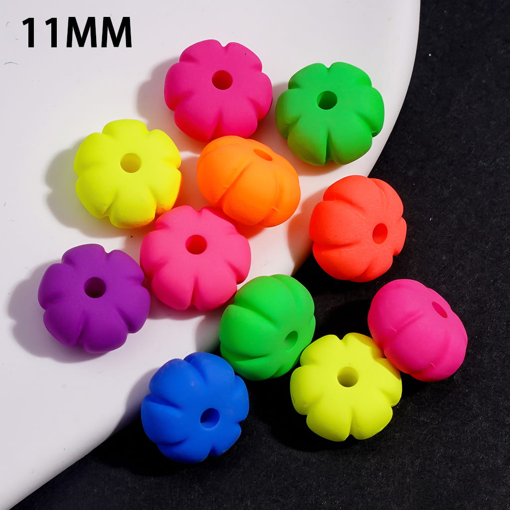 Matte Rubber Touch Pumpkin Shape Acrylic Beads in Neon Colors, Flat Halloween Theme 11MM Random Mix