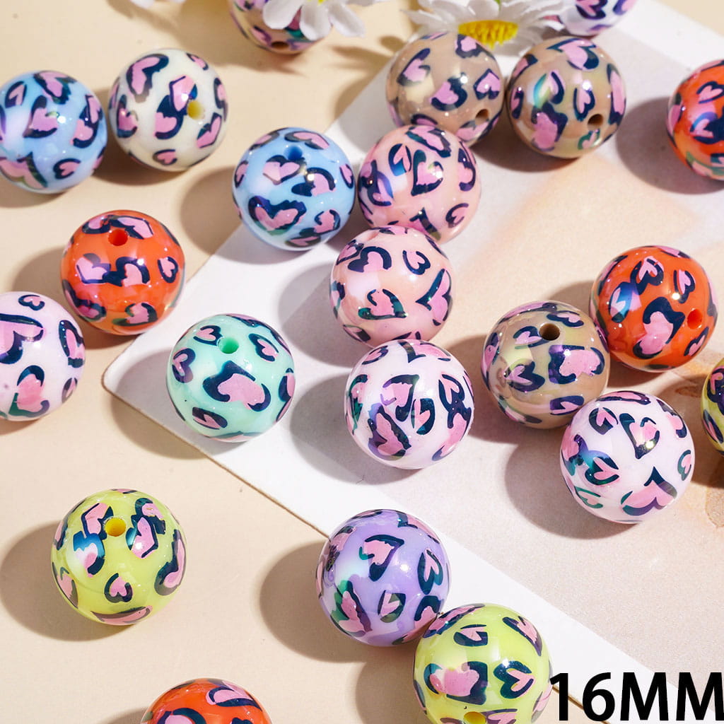 Acrylic Beads for Bracelets UV-Coated Heart Shaped Leopard Prints, 16MM, Multi-Color, Random Mix