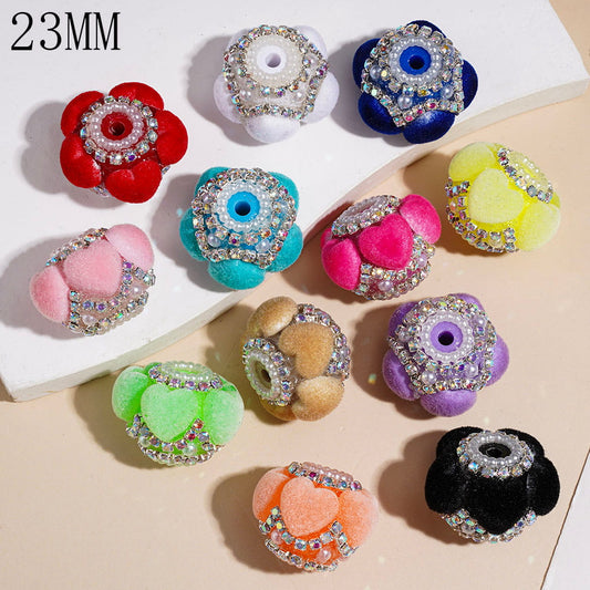 Soft Velvet Fluffy Heart Handmade Acrylic Beads with AB Rhinestone Chains & White Pearl Trim, 23MM, Random Mix