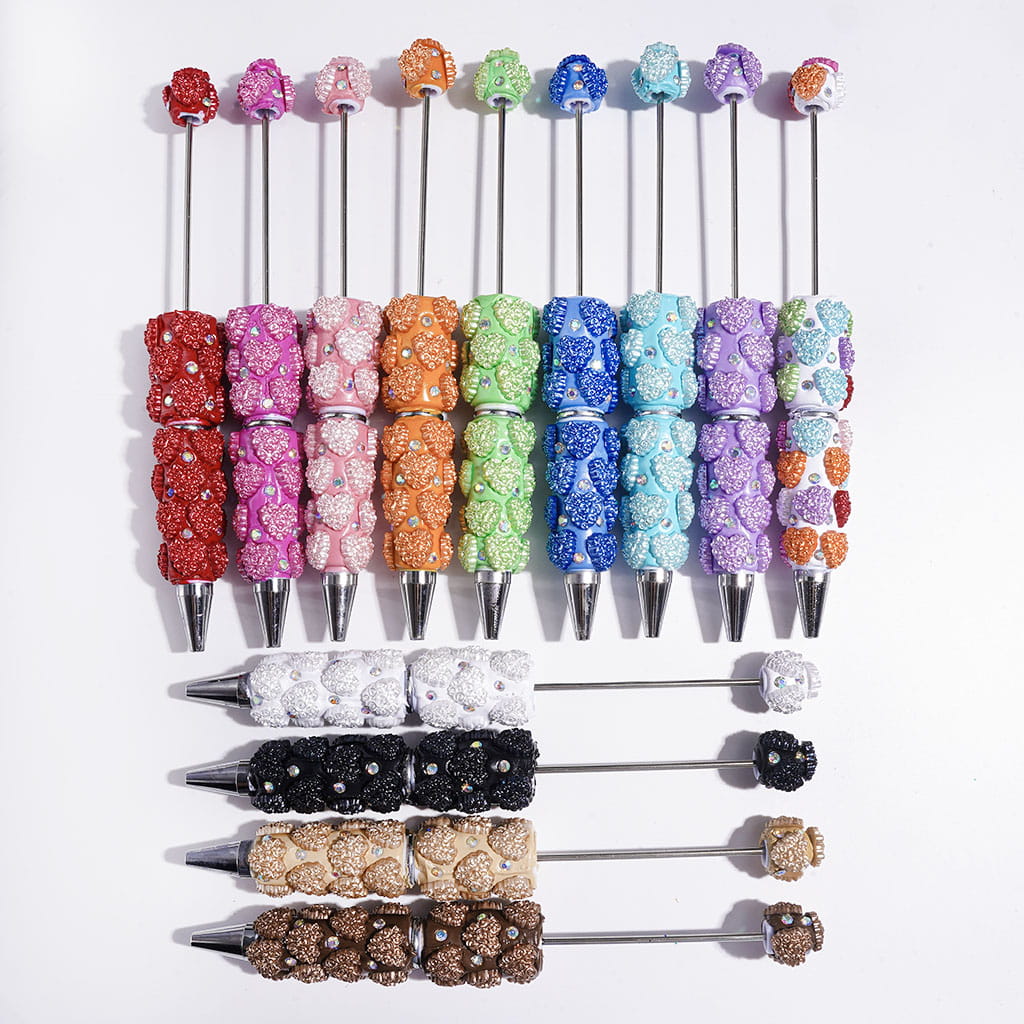 AB Rhinestones and Heart Design with Rose Flowers Beadable Clay Pens, Valentine's Day Theme, Multi-Color