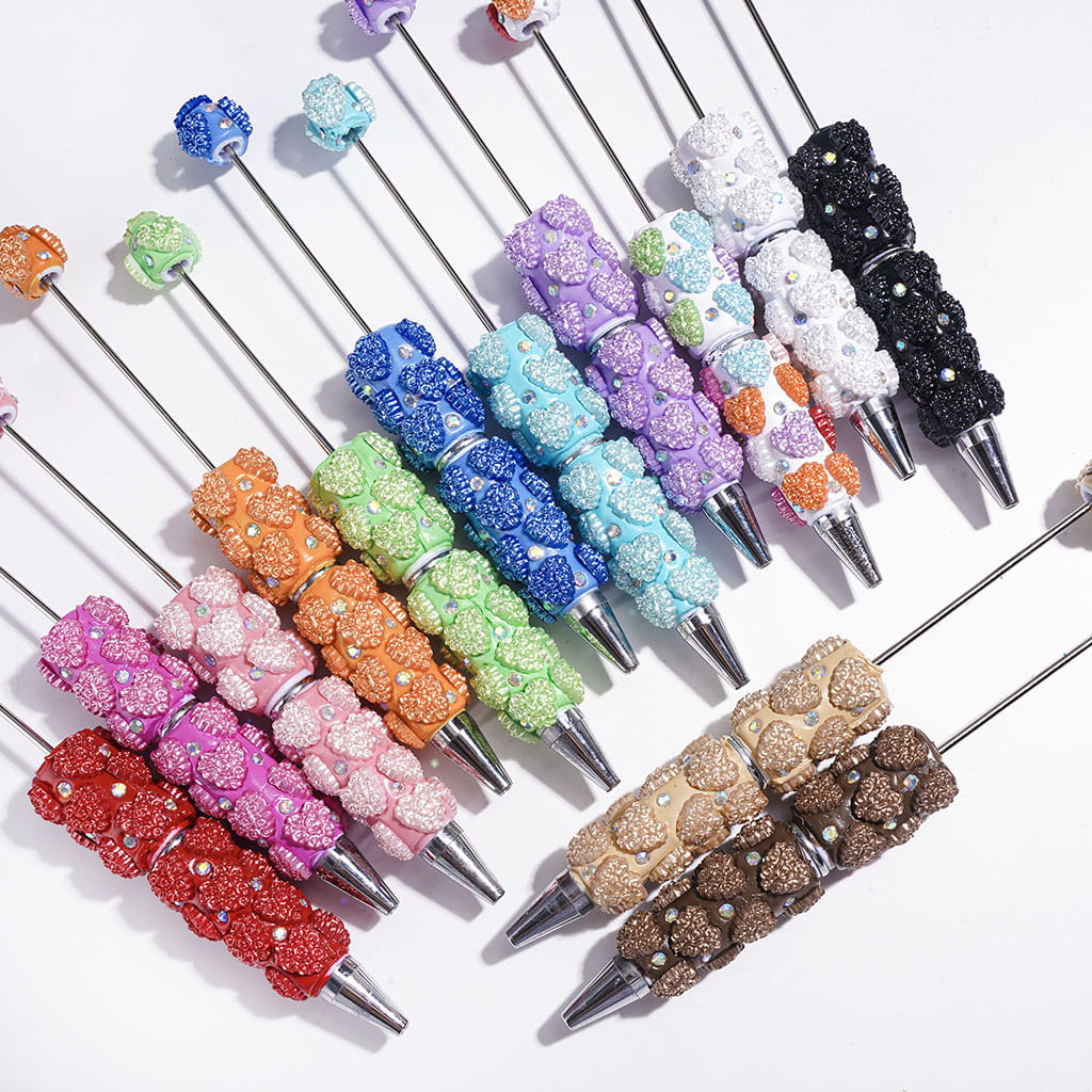 AB Rhinestones and Heart Design with Rose Flowers Beadable Clay Pens, Valentine's Day Theme, Multi-Color