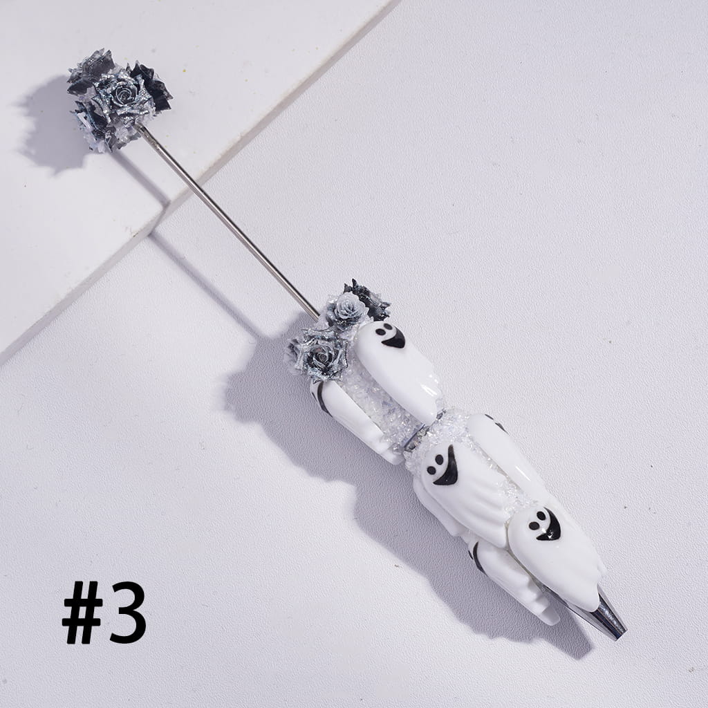 Funny Halloween Ghost Beadable Sugar Clay Pens Fully Covered with Glitter Rose Flowers and Broken Rhinestones
