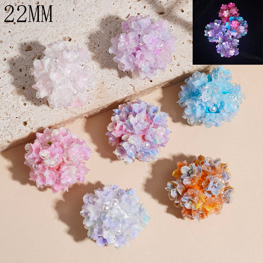 Luminous with Gold Glitter Gradient Flower Bouquet Clay Beads with White Pearl, 22MM, Assorted Colors, Random Mix