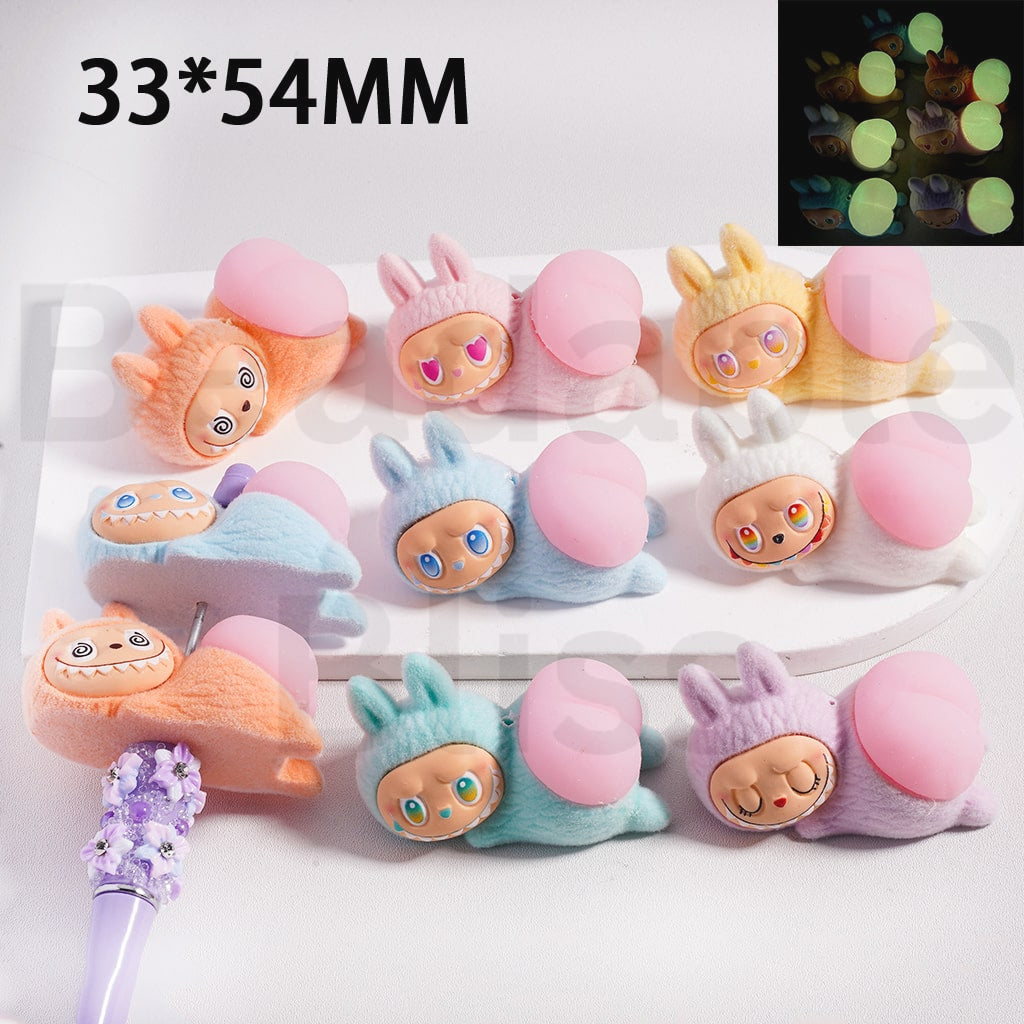 Acrylic Beads Cute Flocked Labub with Luminous Pink Soft Silicone Hip ...