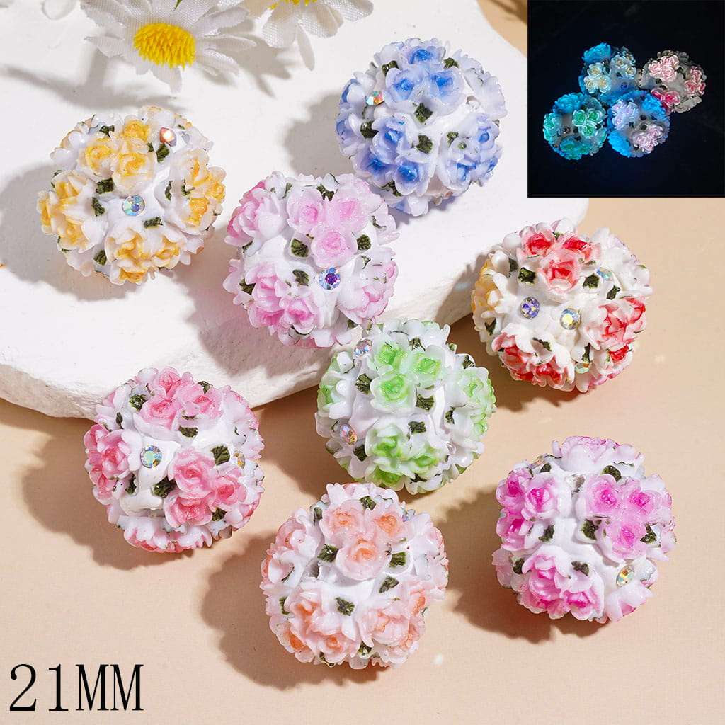Clay Beads with Luminous Three Rose Flower Green Leaf and AB Rhinestones, 21MM Multi-Color Random Mix