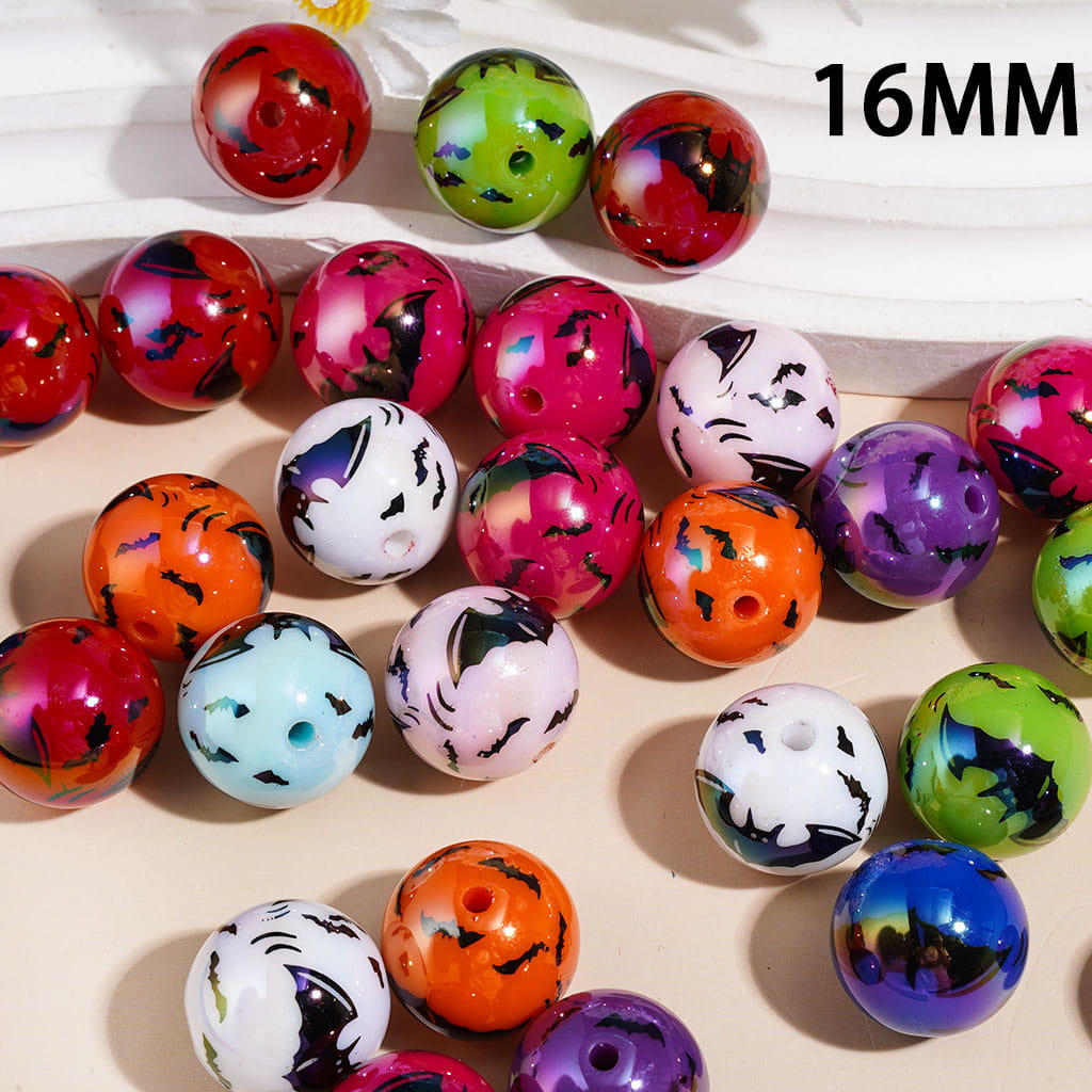 Acrylic Beads for Bracelets UV Coating Halloween Black Bat, 16MM, Multi-Color, Random Mix