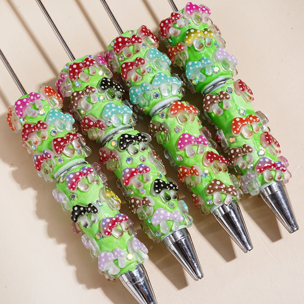 Beadable Clay Pens with Various Colors Mushroom Series on Green Background, AB Rhinestones