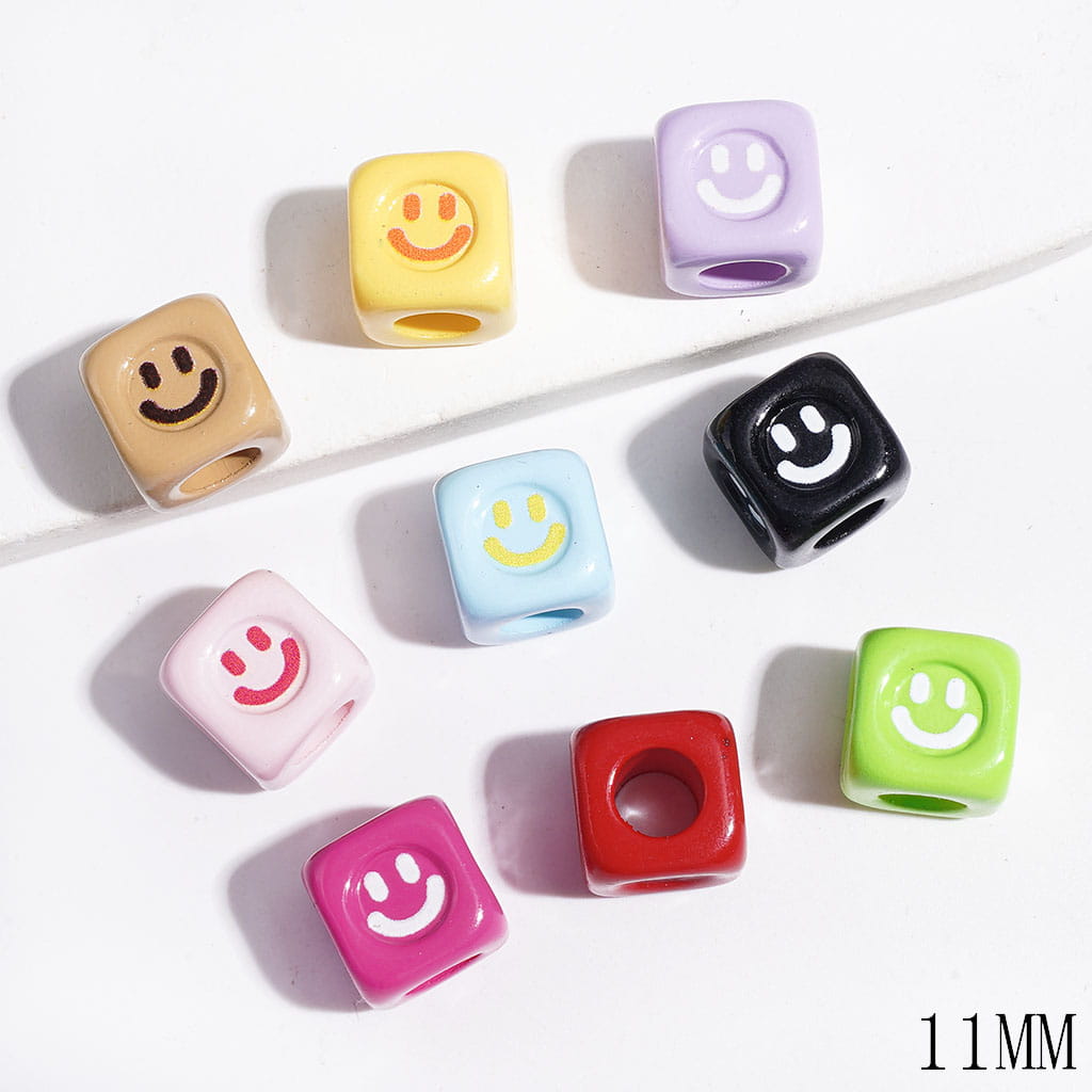 Cheerful Smiley Face Cube Square Shaped Acrylic Beads in Assorted Colors, Big Hole Beads, 11MM, Random Mix (The Hole Diameter is Around 6.2MM)