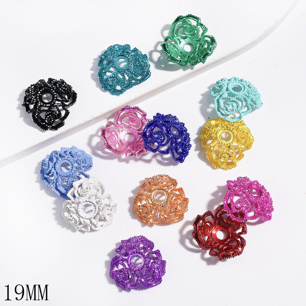 Metal Bead Cages with Three Camellia Flowers, Bead Cap, 19MM, Multi-Color, Random Mix (They Fit 16MM Beads)