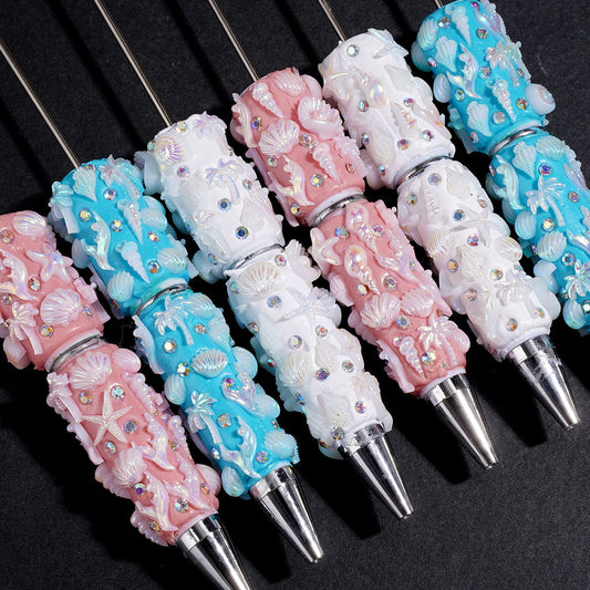 Ocean Theme Beadable Clay Pen with Seashell, Starfish & Palm Tree, AB Rhinestones, Random Mix