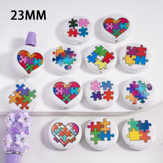 UV Coated Colorful Jigsaw Puzzle Autism Awareness Theme Flat Round Acrylic Beads 23mm Random Mix