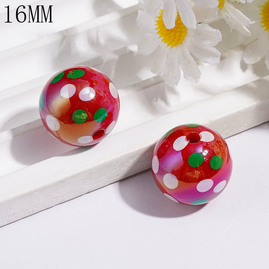 UV Coated Christmas Theme White & Green Polka Dot Round Acrylic Beads for Bracelets, 16MM