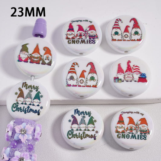 UV Coated Cute Gnomes Family Wearing Red Santa Hats with ‘Merry Christmas’ Print Flat Round Acrylic Beads 23mm Random Mix