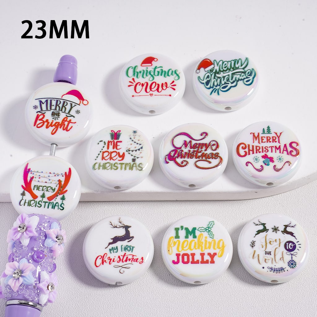 UV Coating Cute Flat Round Acrylic Beads With Print Merry Christmas 23mm Random Mix