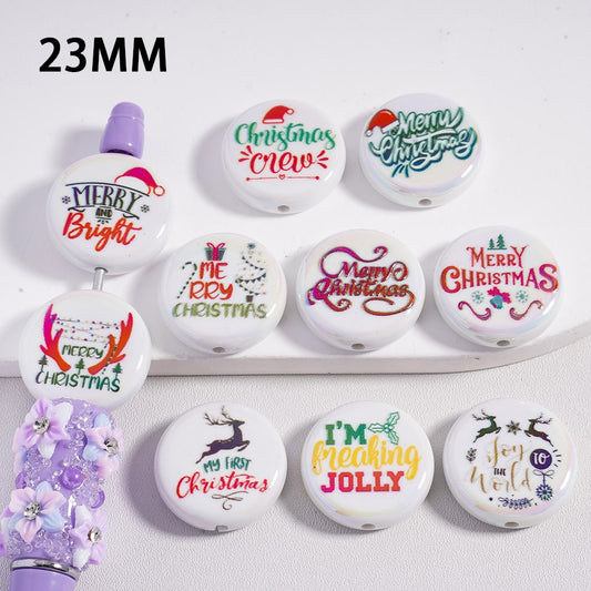UV Coating Cute Flat Round Acrylic Beads With Print Merry Christmas 23mm Random Mix