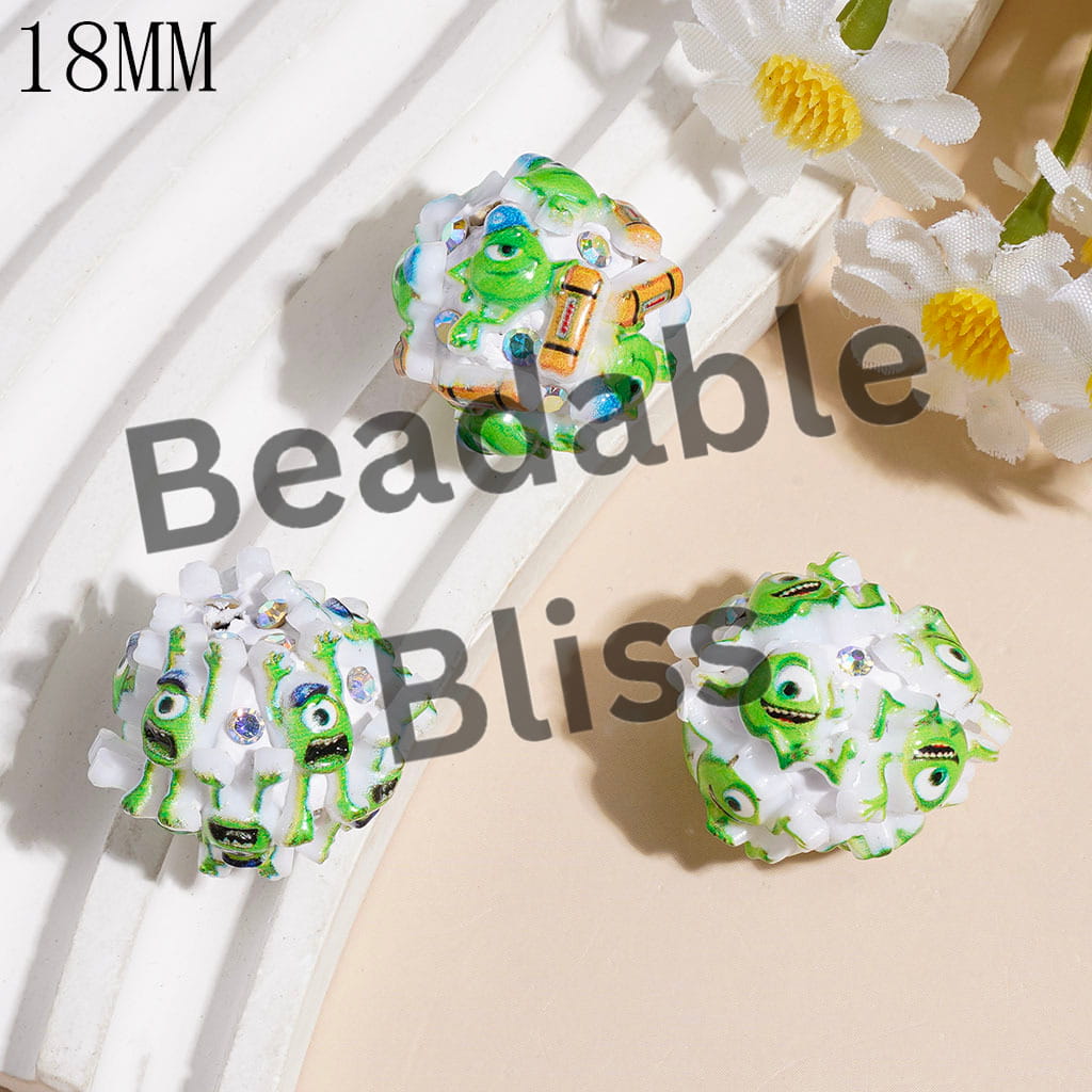 Clay Beads Funny Green One-Eyed Monster Character Series and AB Rhinestone, 18MM Random Mix
