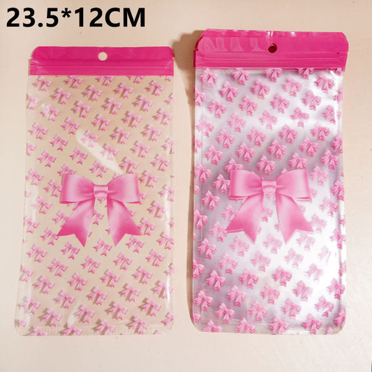 Pink Bow Pattern Frosted Ziplock Packaging Bags for Beadable Pens, 23.5×12CM, Reusable Self-Sealing Storage Bags