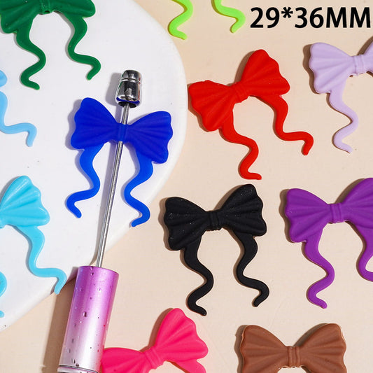 Cute Bowknot with Ribbon Tails Silicone Focal Beads, 29*36MM, Assorted Colors, Random Mix