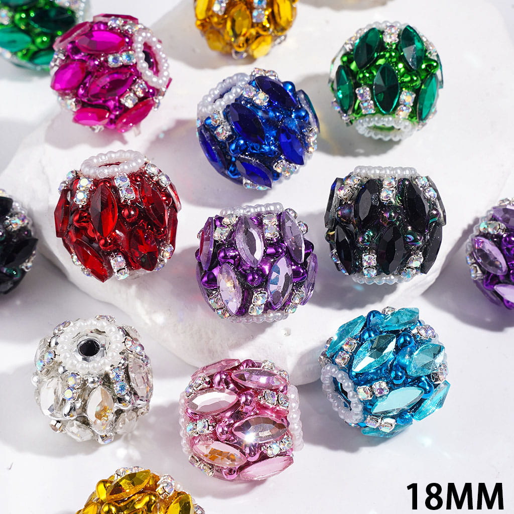 Metallic-Finish with Marquise-Cut Rhinestones, AB Rhinestone, and White Pearl Chains Handmade Acrylic Beads, 18MM, Multicolor Random Mix