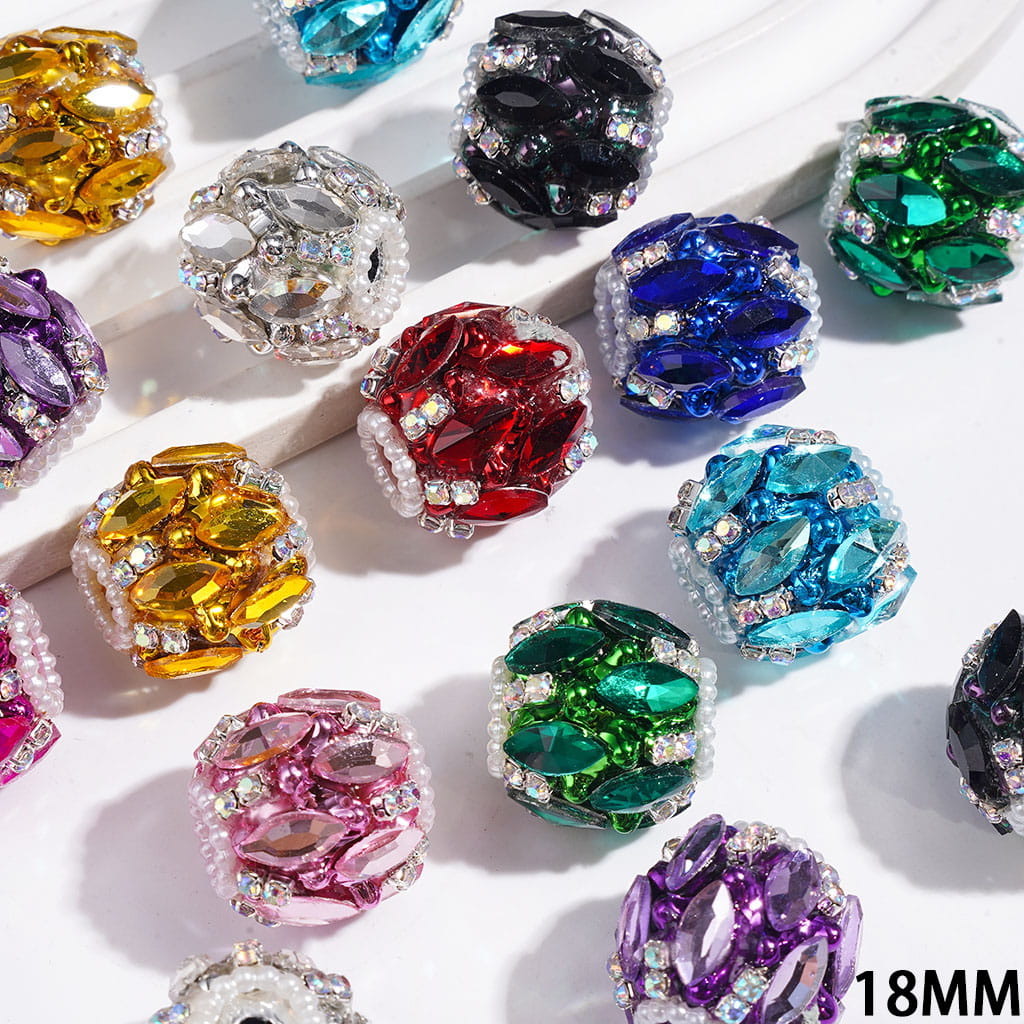 Metallic-Finish with Marquise-Cut Rhinestones, AB Rhinestone, and White Pearl Chains Handmade Acrylic Beads, 18MM, Multicolor Random Mix