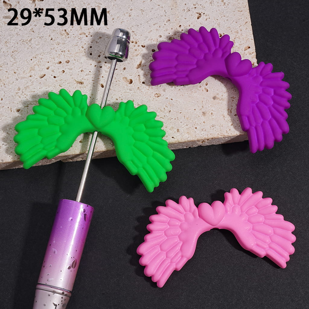 Matte Rubber-Touch Acrylic Heart Beads with Angel Wings in Fluorescent Colors, 29*53MM, Random Mix