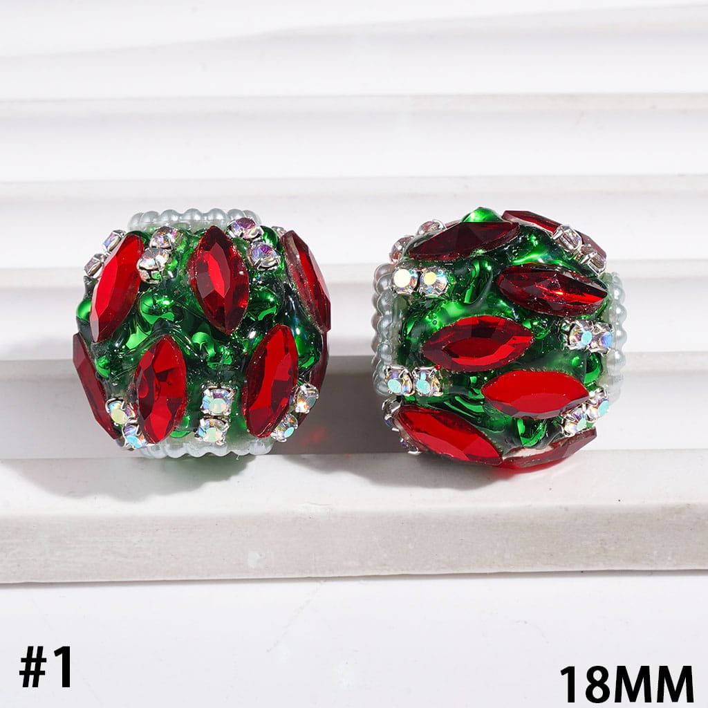 Festive Red and Green Marquise-Cut Rhinestone with Sparkling AB Rhinestone, White Pearl Chains, and Metallic Base Acrylic Beads, 18MM, Random Mix
