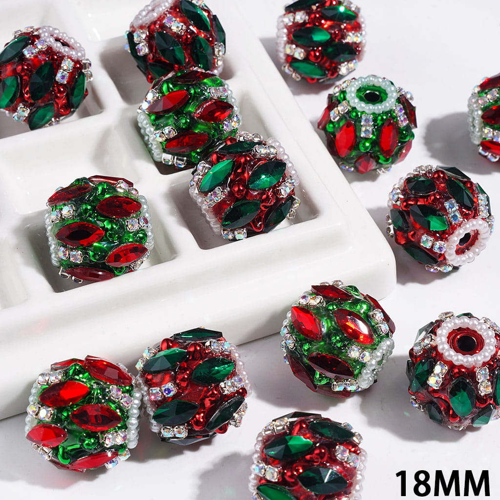 Festive Red and Green Marquise-Cut Rhinestone with Sparkling AB Rhinestone, White Pearl Chains, and Metallic Base Acrylic Beads, 18MM, Random Mix