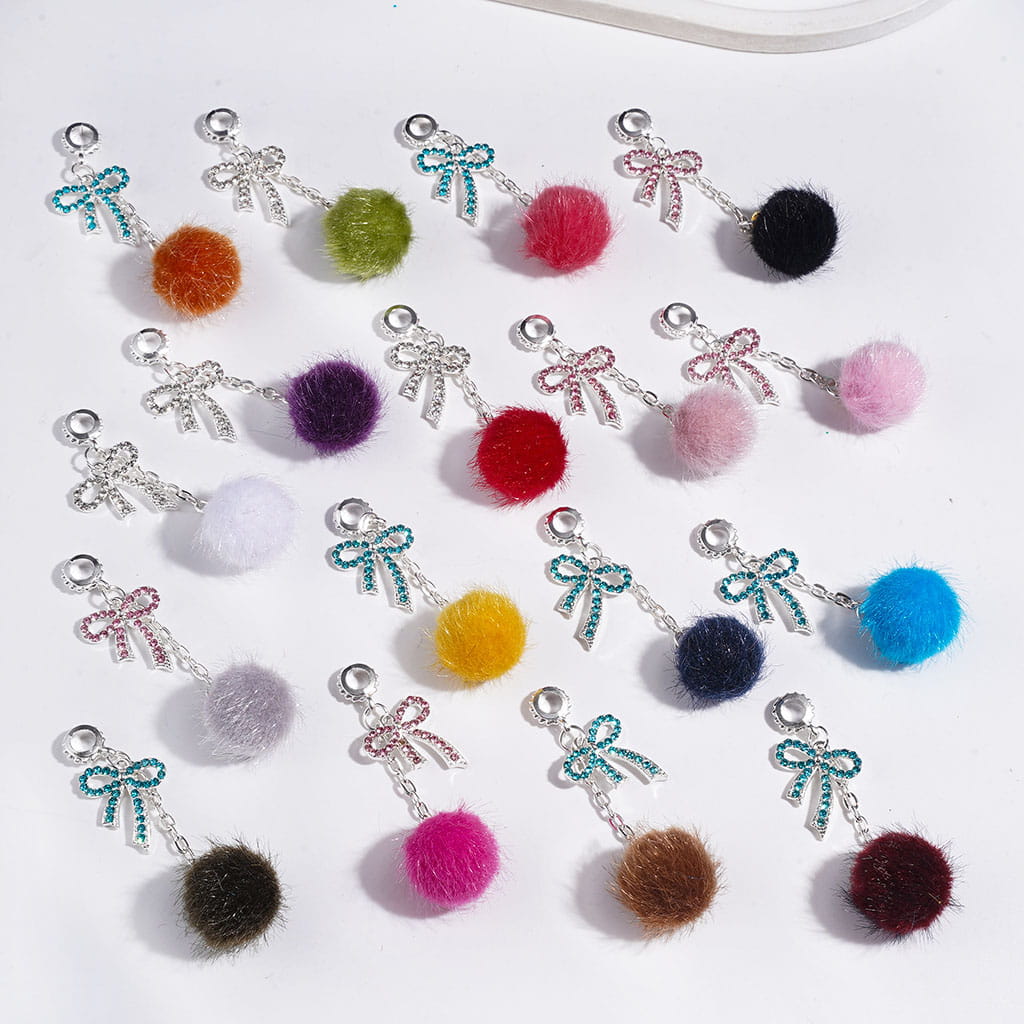 Fluffy Flocked Ball with Bowtie & Sparkling Clear Rhinestone Alloy Bail Beads, Charm Pendants, Multi-Color, Random Mix