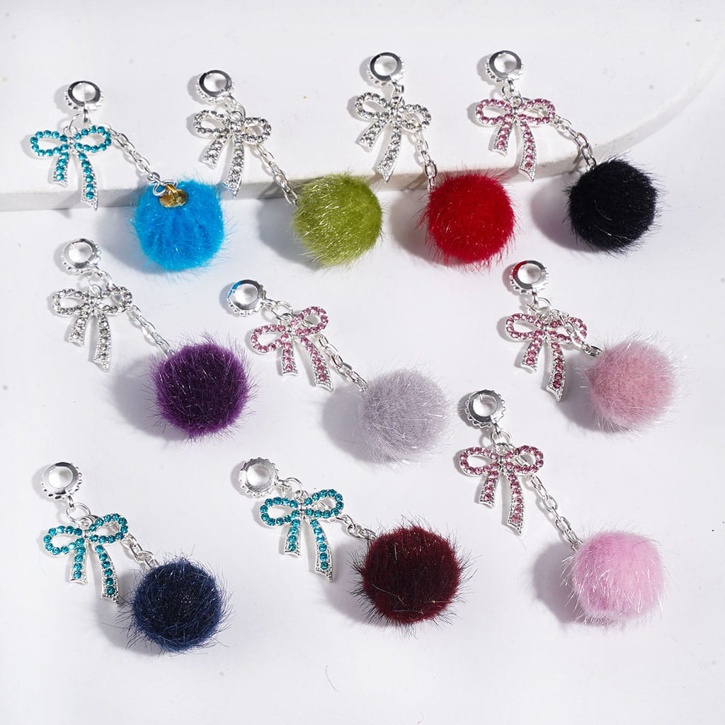 Fluffy Flocked Ball with Bowtie & Sparkling Clear Rhinestone Alloy Bail Beads, Charm Pendants, Multi-Color, Random Mix