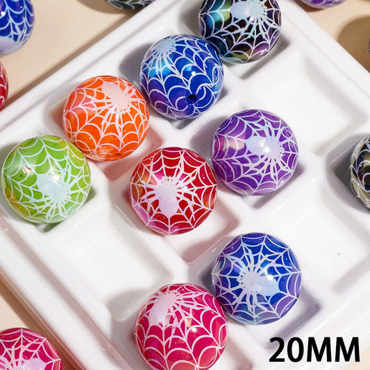UV Coated White Spider Web Mesh Pattern Printed Halloween Theme Round Acrylic Beads for Bracelets, 20MM Random Mix