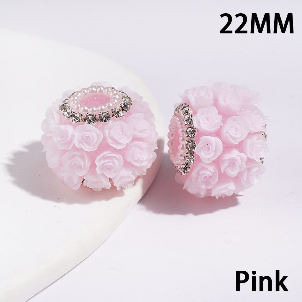 Handmade Acrylic Beads with Rose Flower, White Pearl & Silver Metal Chains with Clear Rhinestone, 22MM Multi-Color