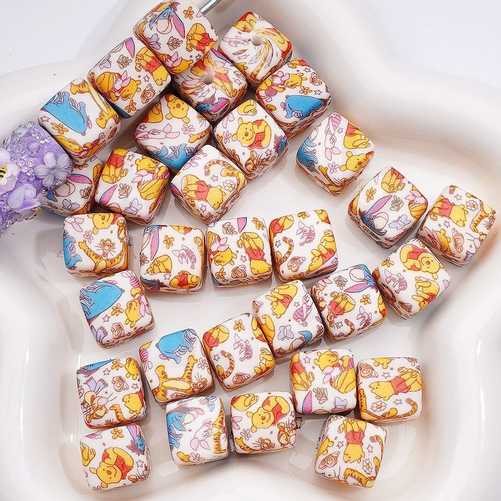 Winni the Poo Character Cube Shape with Tigge, Eeyor, Pigle Silicone Beads 14MM