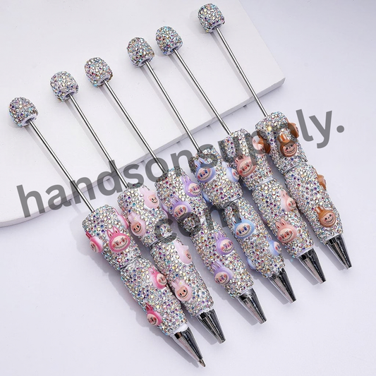 Designer White Beadable Clay Pens with Cute Monster Doll Heads and Full AB Rhinestone Coverage