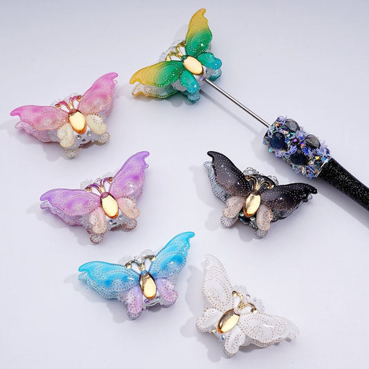 Vibrant Butterfly Clay Beads with AB Crystals and Tiny Clear Floral Accents, Approx. 50x27MM