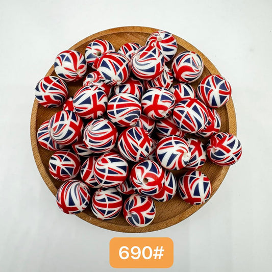 Union Jack Flag Prints Soft Round Printed Silicone Beads 15MM, Number 690