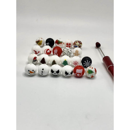 Printed Christmas Xmas Silicone Beads 15 mm Random Mix