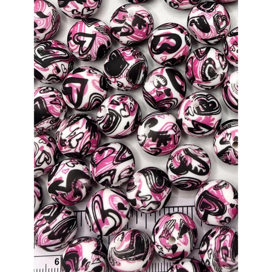 Round Heart Printed Silicone Beads Number 49