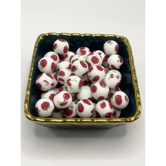 Printed Red Apples Round Silicone Beads Number 1712