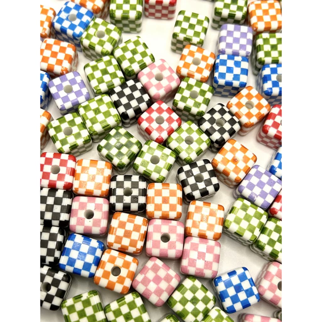 Printed Cube Acrylic Beads  Checkerboard Pattern 16mm